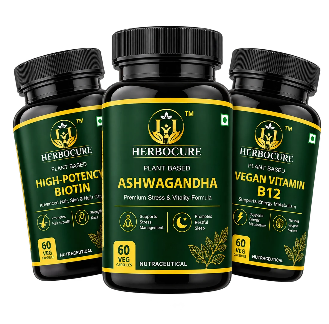 HERBOCURE Ashwagandha, Plant-Based Biotin and Vegan Vitamin B12 bottles